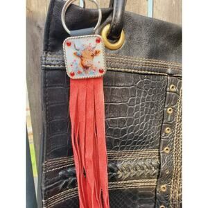 Handmade cow lover boho Leather Fringe Western bag charm, Long fringe keychain